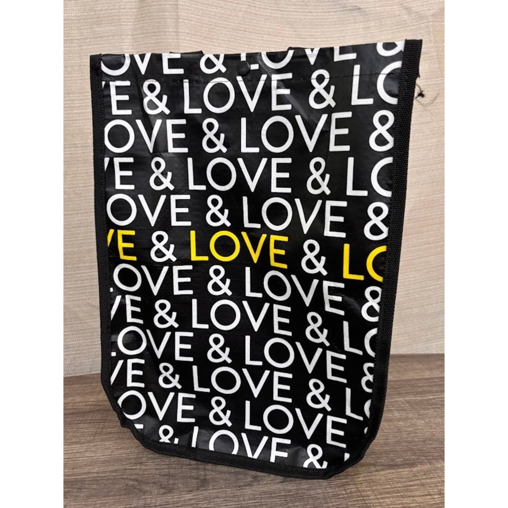 Kendra Scott Reusable Tote Bag Black Yellow Love Print Recycled Plastic Snap Top